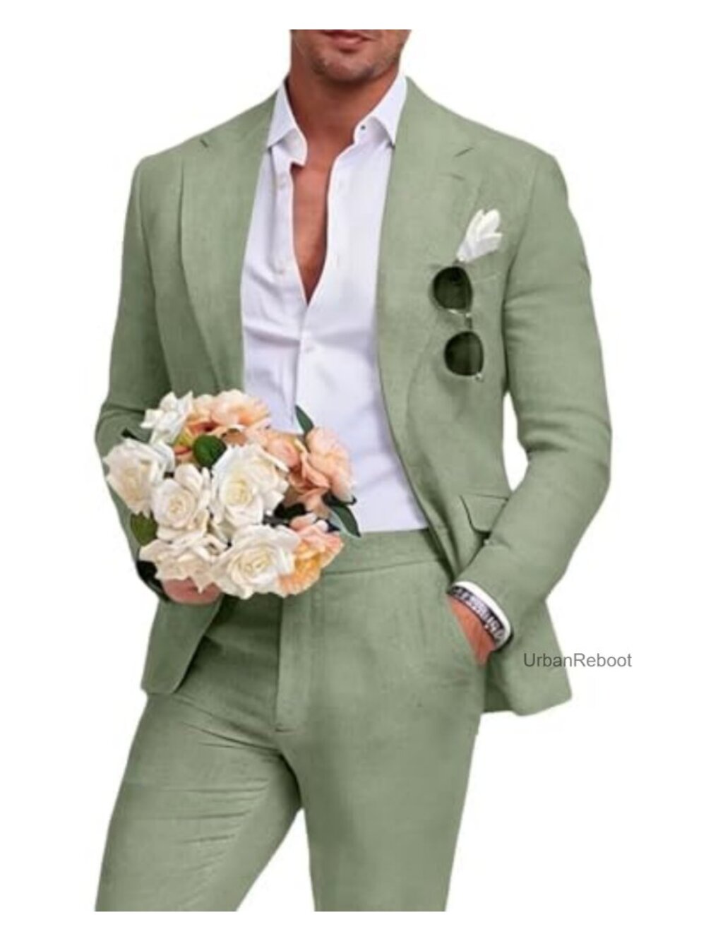 Men's Linen Blend 2 Piece Suit Set Slim Fit Notch Lapel Blazer & Pants